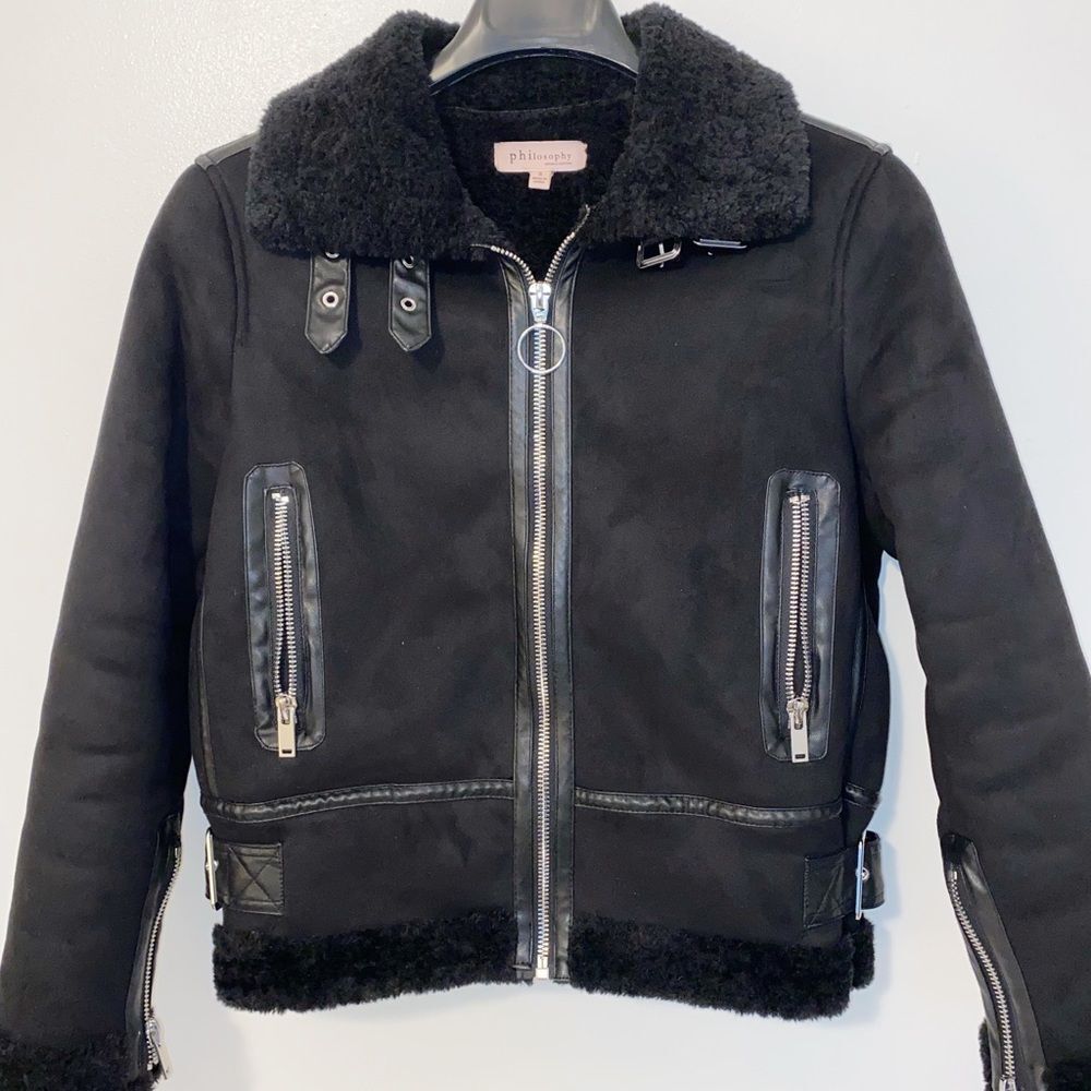 Philosophy Vegan Suede Black Moto Jacket Faux Fur Small